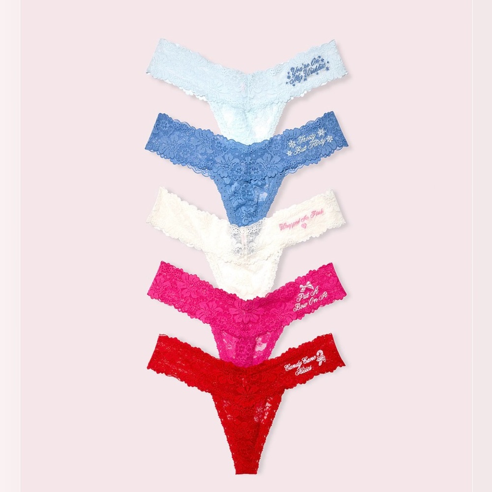 PINK‎ x LoveShackFancy Holiday Notes 5-Pack Thong Size M New